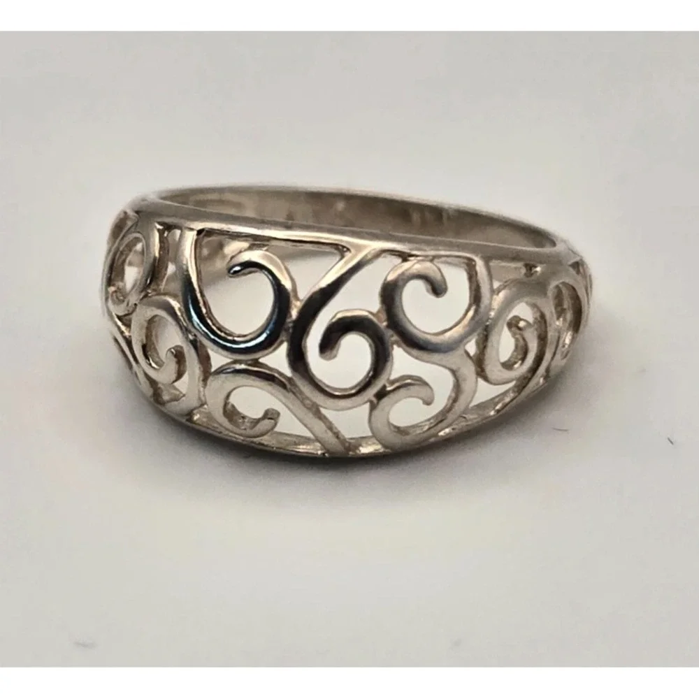 Sterling Silver 925 Filigree Scroll Band Ring Sz 7.25 Romantic Boho Minimalist
